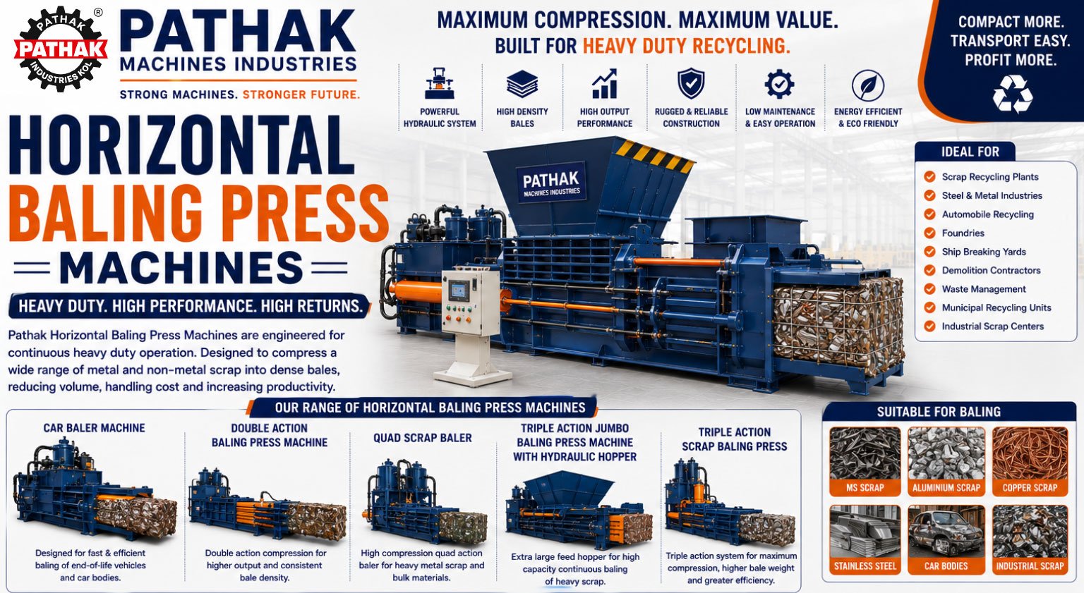 Heavy Duty Hydraulic Horizontal Baling Presses for High-Density Scrap Compression & Recycling